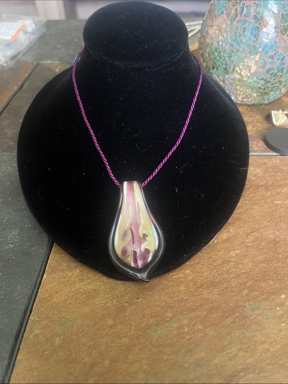 Purple and Gold Art Glass Teardrop Pendant Necklace